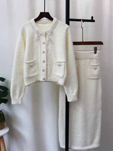 {EAM} Famous girl Xiaoxiang style bow knit cardigan skirt two-piece senior sense soft waxy sweater set female DLZ100