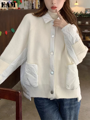 {EAM} 24 Autumn and winter new quilted cotton-knit cardigan women Korean version of loose design feeling lazy sweater coat tide DLZ99