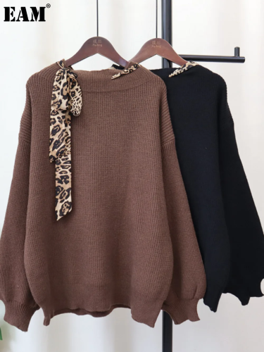 {EAM} 24 Autumn and winter new leopard-print lace-up sweater top loose design sense of temperament lazy wind sweater cover female DLZ103