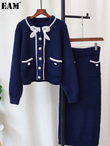 {EAM} Famous girl Xiaoxiang style bow knit cardigan skirt two-piece senior sense soft waxy sweater set female DLZ100