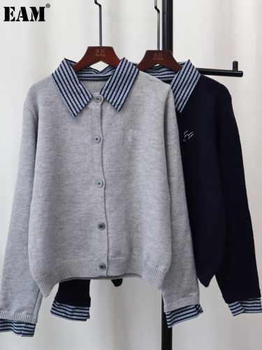 {EAM} Fake two long sleeve knitted cardigan 2024 autumn and winter new polo collar color patchwork temperament sweater coat female tide DLZ107