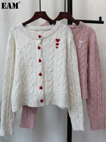 {EAM} 24 autumn and winter new mahua love design sense knitted cardigan Korean version of loose round neck sweet sweater coat women DLZ110