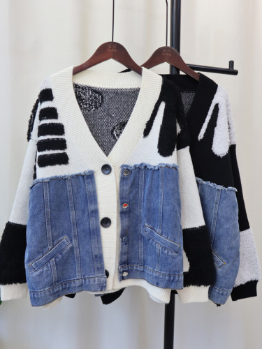 {EAM} 24 Autumn and winter new patchwork denim knit cardigan loose casual design sense of color patchwork lazy sweater coat women DLZ105