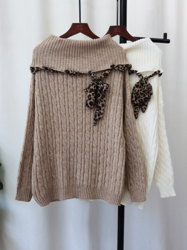 {EAM} One-line neck twist retro leopard scarf sweater top 2024 autumn and winter new temperament sweater set female tide DLZ106