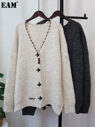 {EAM} 24 Autumn and winter new retro day loose knit cardigan lazy design sense of long sweater coat DLZ98