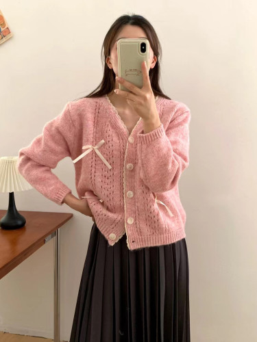 {EAM} Hollow bow knit cardigan 2024 autumn and winter Korean version of loose V-neck sweet soft waxy sweater coat women DLZ104