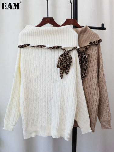 {EAM} One-line neck twist retro leopard scarf sweater top 2024 autumn and winter new temperament sweater set female tide DLZ106