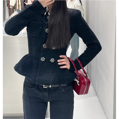 {EAM} Autumn and winter new style of the girl small fragrance temperament lapel waist slimming knit cardigan top DLZ117