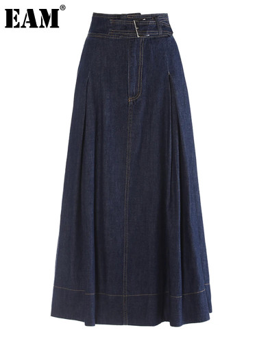 [EAM] High Waist Blue Denim Buckle Vintage Long A-line Half-body Skirt Women Fashion Tide New Spring Autumn 2024 1DH6733