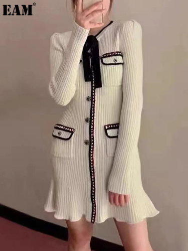 {EAM} Miss Daughter girl Xiaoxiang knitted dress annual Christmas long sleeve slim-fit sweater dress DLZ121