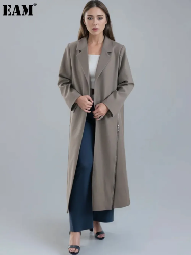 {EAM} Fashion Women's Side Zipper Long Blazer Notched Collar Loose Open-stitch Long Sleeve Suit Jackets Autumn New 2024 New CPDB169