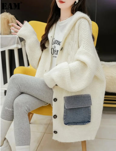 {EAM} Denim patchwork knit hooded cardigan women's mid-length autumn/Winter 2024 new design feeling lazy sweater coat DLZ112
