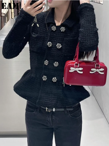 {EAM} Autumn and winter new style of the girl small fragrance temperament lapel waist slimming knit cardigan top DLZ117
