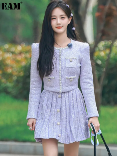 {EAM} Early fall pearl trim short knit cardigan coat pleated skirt fashion set DLZ119