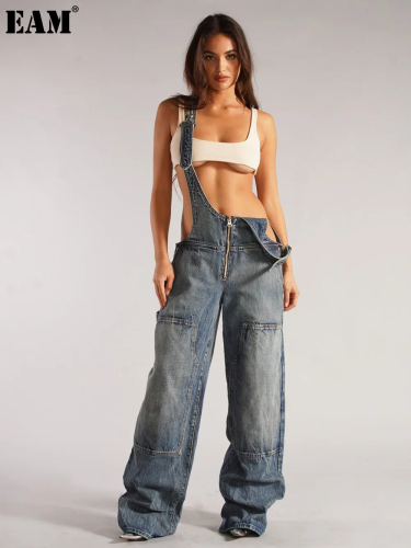 {EAM} European and American style zipper cowboy overpants women's fall loose casual pocket wide leg long Women's autumn pants DLZ130
