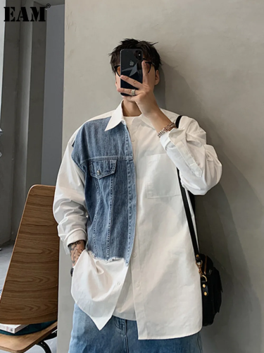 {EAM} Spring and autumn vintage long-sleeved shirt men loose niche design sense color patchwork denim shirt coat trend DLZ138