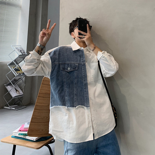 {EAM} Spring and autumn vintage long-sleeved shirt men loose niche design sense color patchwork denim shirt coat trend DLZ138