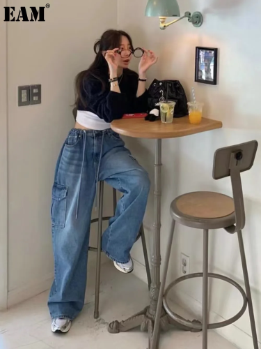 {EAM} 2024 spring new fashion all-in-one drawstring large pocket neutral loose cargo pants denim wide-leg pants women DLZ136