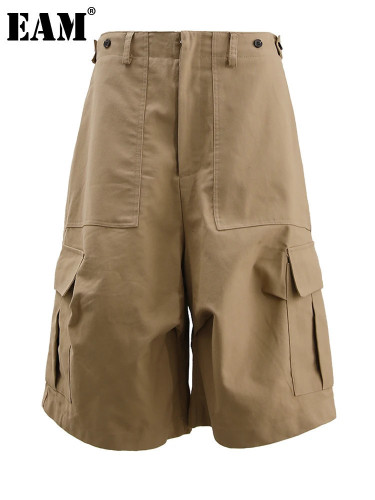 [EAM] High Waist Khaki Pocket Shaped Casual Calf-Length Cargo Pants New Trousers Women Fashion Tide Spring Summer 2024 CPG1600