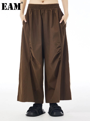 EAM High Elastic Waist Coffee Pleated Pocket Long Wide Leg Pants New Trousers Women Fashion Tide Spring Autumn 2024 1DH7421