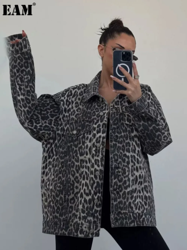 {EAM} Senior sense of European and American wind leopard-print denim coat women spring 2024 new relaxed casual all fashion cardigan women DLZ133