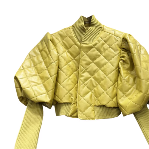 {EAM} 2024 Autumn Fashion New Items Women's Versatile Knitted Sleeve Leather Jacket Vintage Stand Coat Female Trendy DLZ13907