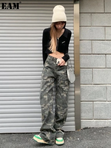 {EAM} American hiphop camouflage cargo pants female fat mm spring loose straight leg jeans show slim high waist wide leg pants trend DLZ137