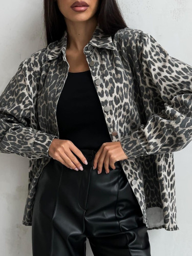 {EAM} Senior sense of European and American wind leopard-print denim coat women spring 2024 new relaxed casual all fashion cardigan women DLZ133