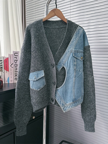 DEAT Women's Cardigan Knitted Patchwork Denim Irregular Design Single Breasted V-neck Loose Sweater 2024 Autumn New Fashion29L822112