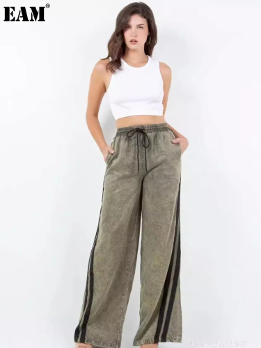 {EAM} Wide-leg pants casual elasticated waist two bar jeans Hottie DLZ125