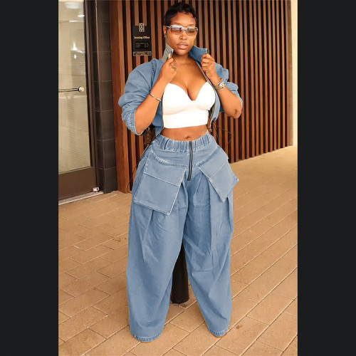 {EAM} High waist zipper big pocket cargo wind straight leg jeans Europe and the United States street fashion trouser woman DLZ127