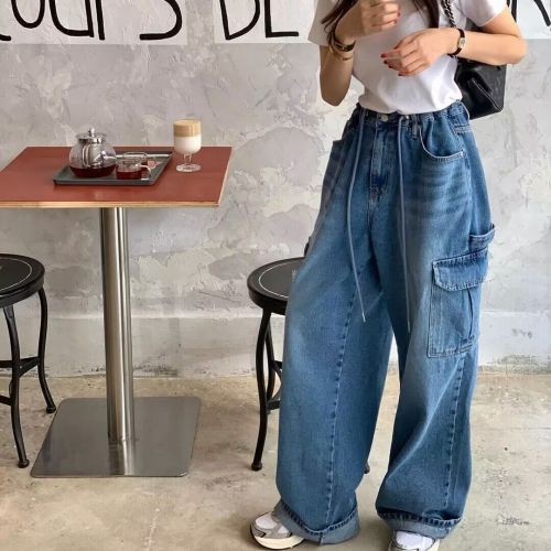 {EAM} 2024 spring new fashion all-in-one drawstring large pocket neutral loose cargo pants denim wide-leg pants women DLZ136