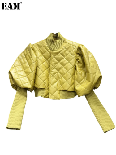 {EAM} 2024 Autumn Fashion New Items Women's Versatile Knitted Sleeve Leather Jacket Vintage Stand Coat Female Trendy DLZ13907