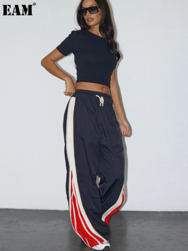 {EAM} Zipper splicing color contrast sports casual pants low waist loose slimming casual everything pendant wide leg pants DLZ145