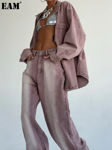 {EAM} Denim fashion suit to do old wash mop low-waisted straight trouser suit autumn two-piece high-grade casual DLZ147