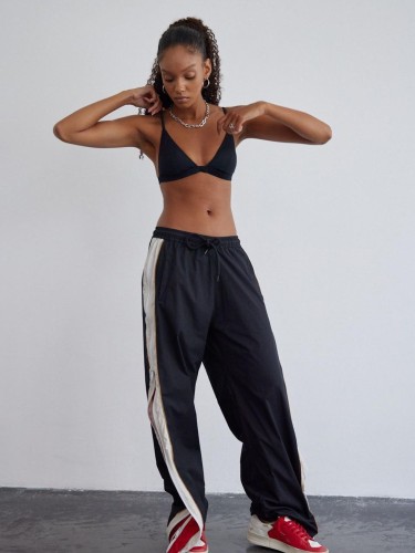{EAM} Zipper splicing color contrast sports casual pants low waist loose slimming casual everything pendant wide leg pants DLZ145