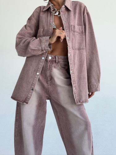 {EAM} Denim fashion suit to do old wash mop low-waisted straight trouser suit autumn two-piece high-grade casual DLZ147