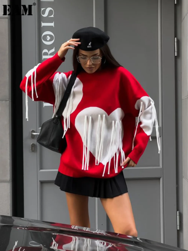 {EAM} Senior love tassel sweater female autumn and winter Amazon Europe and the United States new round neck fashion pullover sweater DLZ142