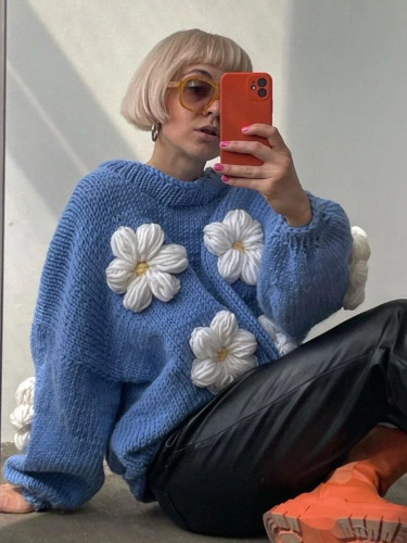 {EAM} Wind flower three-dimensional sweater woman lazy wind street fashion brand loose casual knitwear woman DLZ144