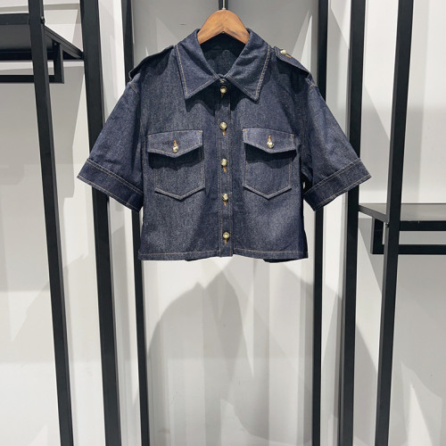 {EAM} 24 Autumn/Winter bright line embellished epaulette denim shirt DLZ150