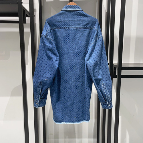 {EAM} French niche 2024 Pre-fall Luxury denim with diamond rough edge silhouette drop shoulder shirt  DLZ152