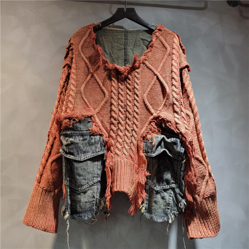 {EAM} Fashion cool personality braided denim crewneck long sleeve short sweater women 2024 fall/winter DLZ157