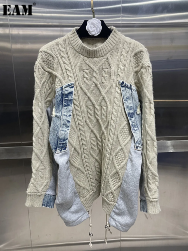 {EAM} Hong Kong style retro loose lazy sweater patchwork denim drawstring round neck head contrast color fake two knitted tops DLZ156