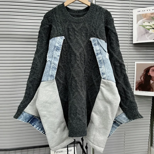 {EAM} Hong Kong style retro loose lazy sweater patchwork denim drawstring round neck head contrast color fake two knitted tops DLZ156