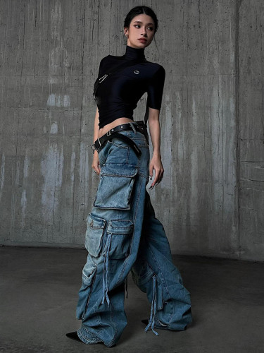 {EAM} Spice Girls Jeans Summer women Loose wide legs slimmer Heavy pants low rise American pocket patchwork cargo women DLZ149