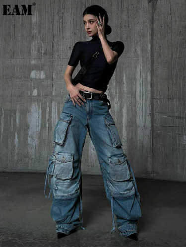 {EAM} Spice Girls Jeans Summer women Loose wide legs slimmer Heavy pants low rise American pocket patchwork cargo women DLZ149