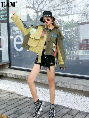{EAM} Autumn new European fashion casual short coat women loose thin patchwork jacket top tide DLZ155