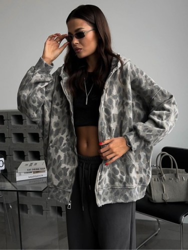 {EAM} Camouflage print hoodie women autumn loose coat 2024 Europe and the United States sports hooded zipper top woman DLZ143