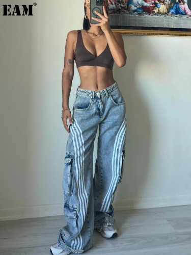 {EAM} American low waist heavy industry wide leg jeans summer women loose casual stripes color contrast pocket stitching overalls women DLZ148