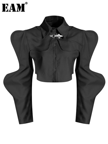 EAM Women Black Shaped Irregular Short Blouse New Lapel Long Sleeve Loose Fit Shirt Fashion Tide Spring Autumn 2024 1DE7398